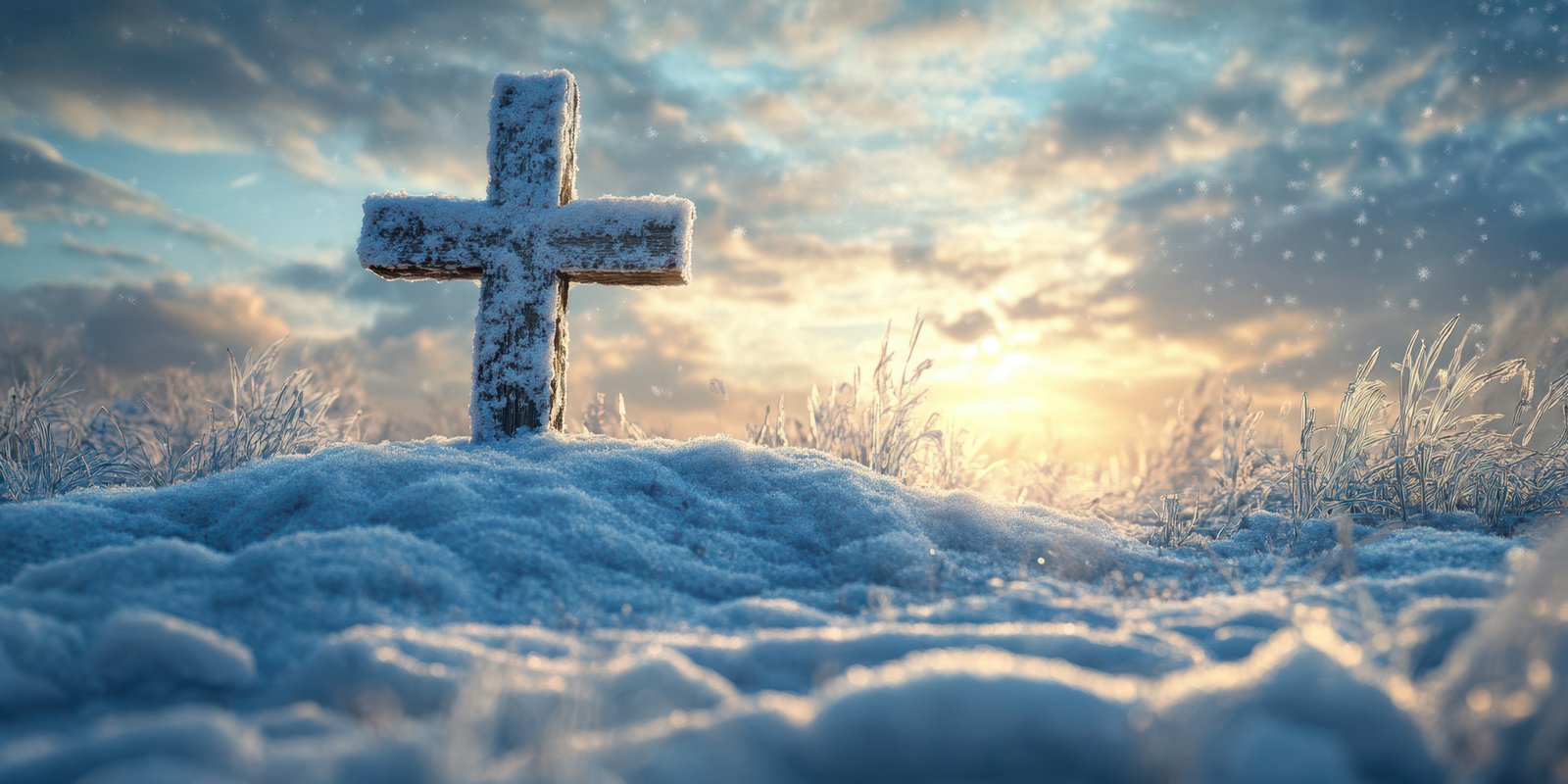 Snow-covered cross with sunset and dramatic clouds on a cold winter day
